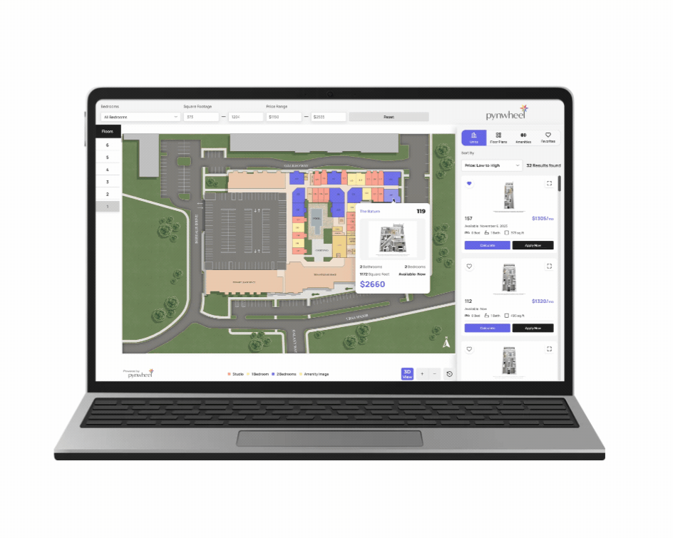 Laptop displaying the Pynwheel Map apartment search interface with property map and unit listings.